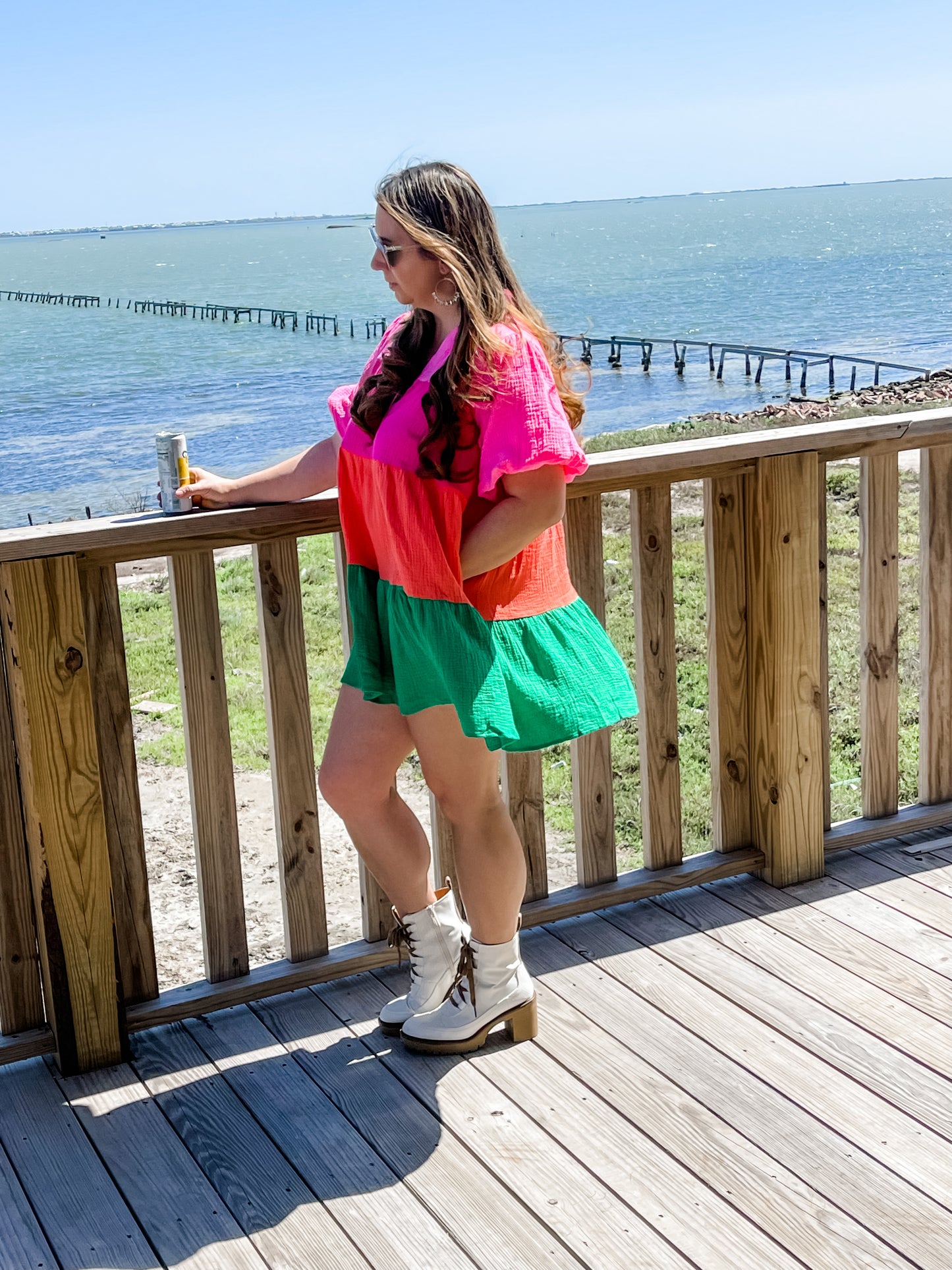 Poppy Sherbet Colorblock Shirt Dress - Perfect dress for Spring/Summer that features and oversized fit, bubble sleeves, functioning buttons and pockets!
