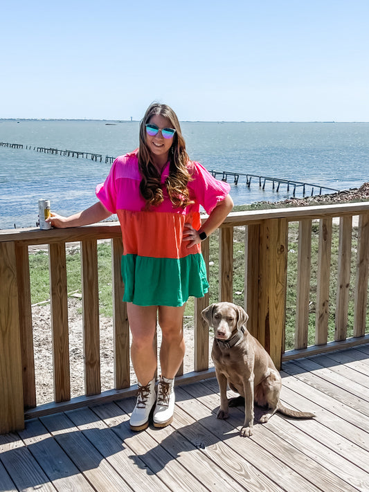 Poppy Sherbet Colorblock Shirt Dress - Perfect dress for Spring/Summer that features and oversized fit, bubble sleeves, functioning buttons and pockets!