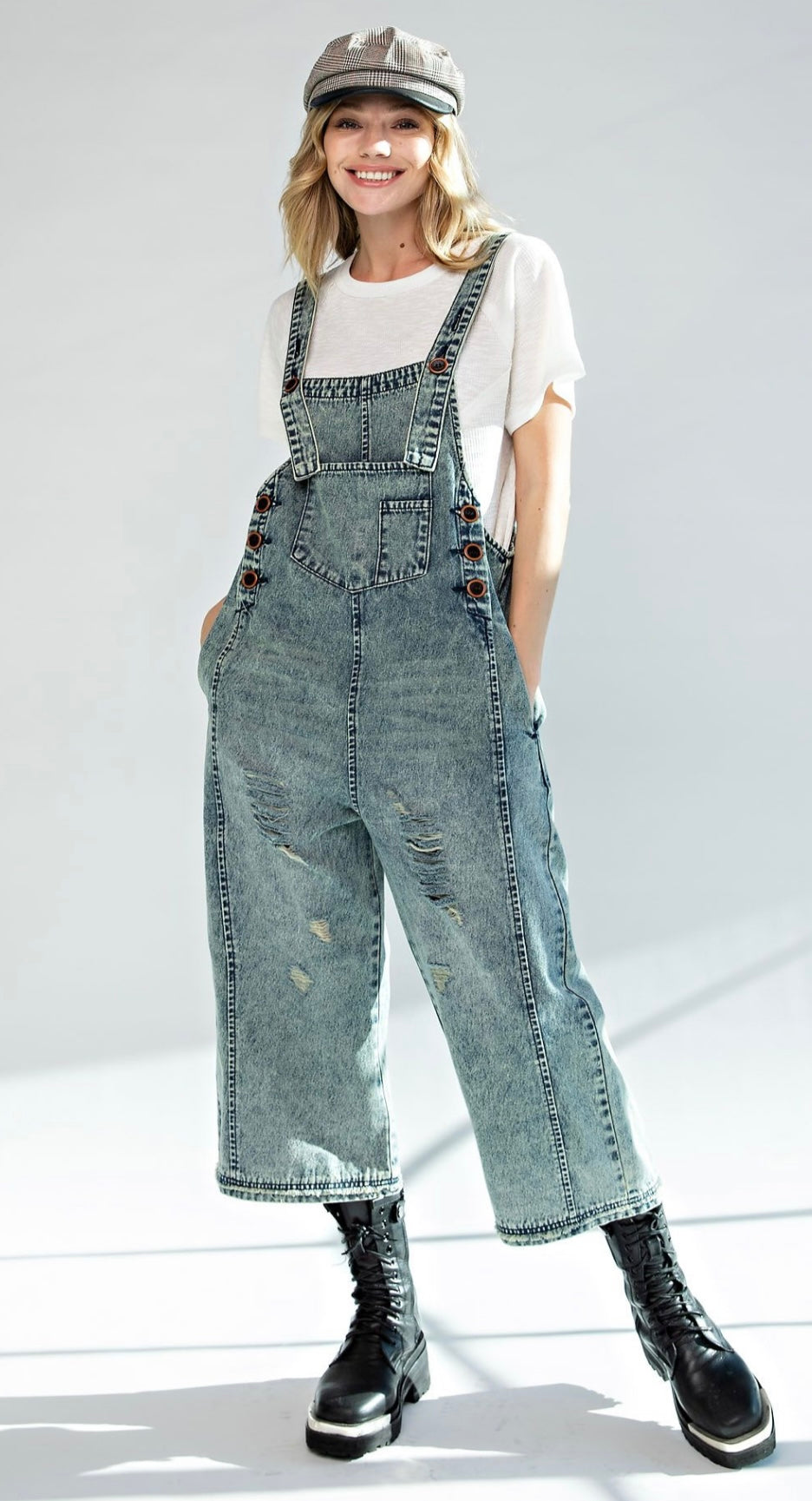 Samantha Distressed Denim Overalls - Washed