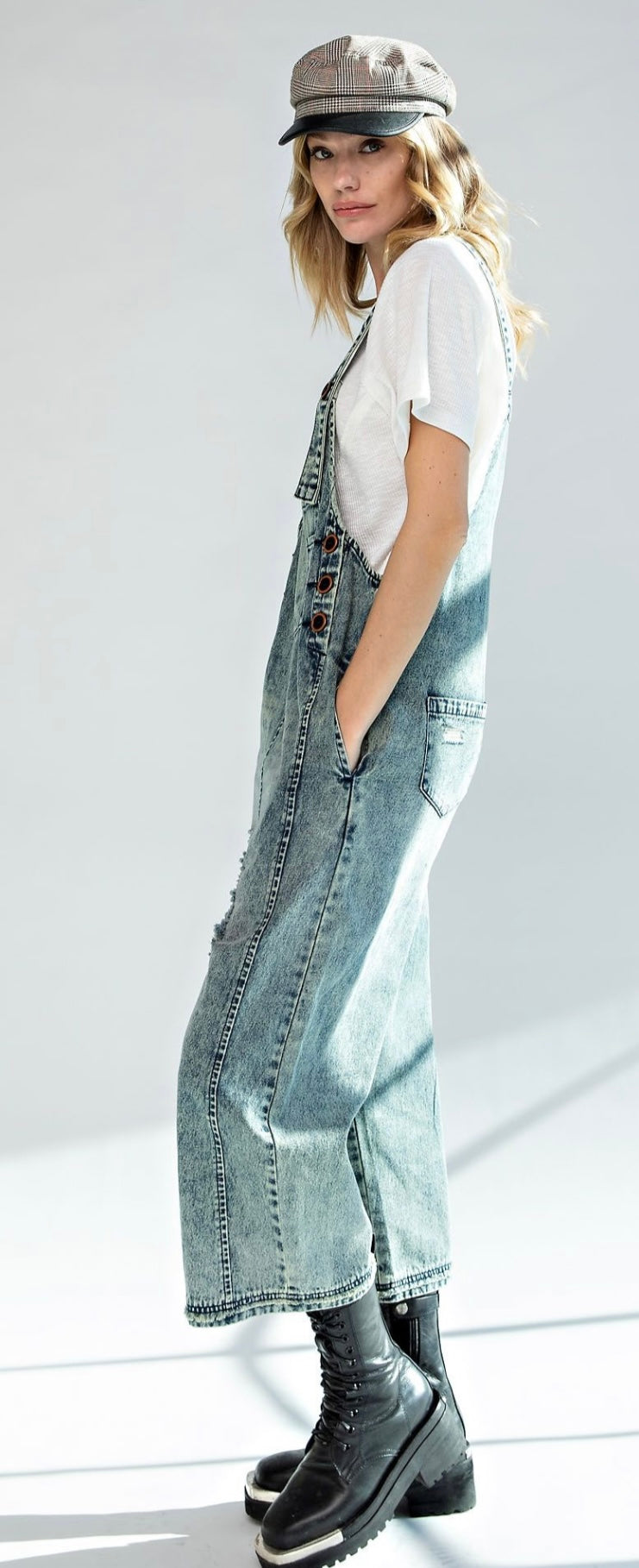 Samantha Distressed Denim Overalls - Washed