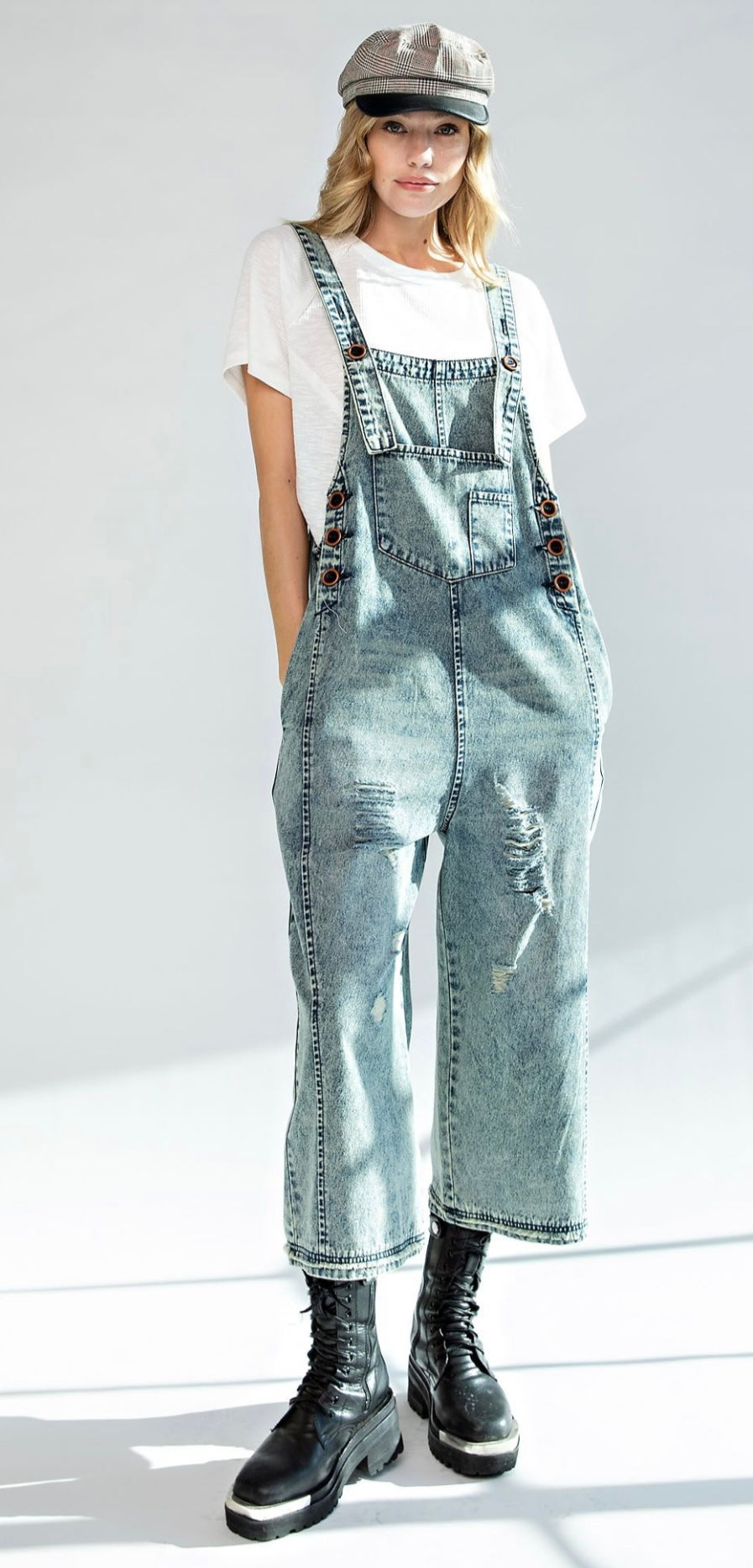 Samantha Distressed Denim Overalls - Washed