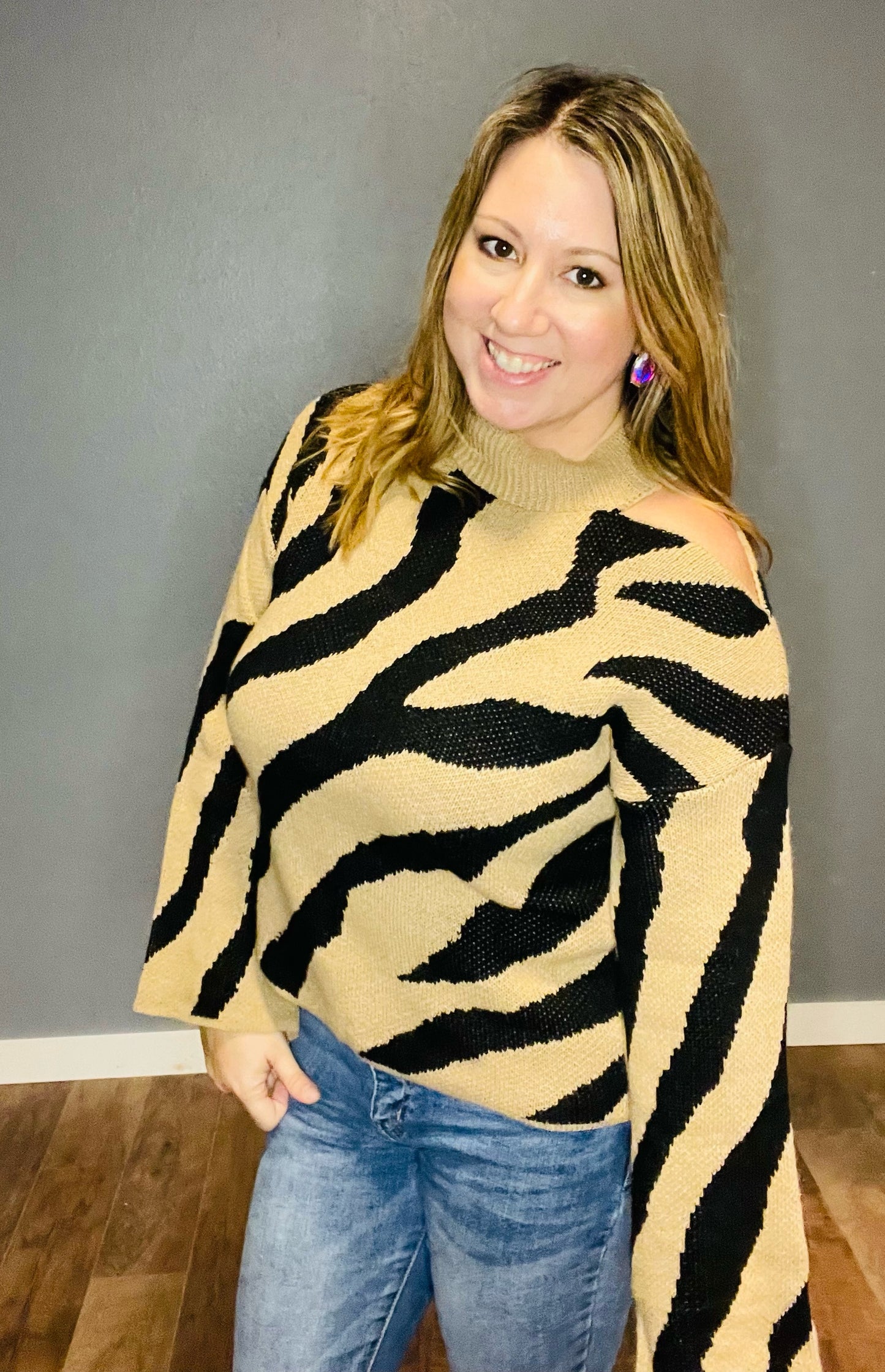 LeeAnn Zebra Cut Shoulder Sweater